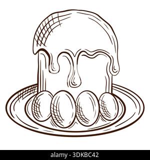 A linear drawing of a Easter bread with dripping icing and Easter eggs on a plate, done in a monochrome sketch style. Stock Photo