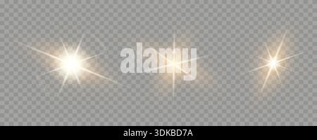 Set of lens flare light burst star effects overlay with golden glow rays on checkered PNG background. Editable vector illustration. Stock Vector