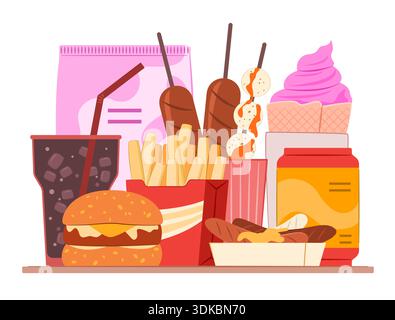 Hamburger, Sausage, French Fries, Soft Drinks, Ice Cream and Fried Chip Snack for Ultra-Processed Foods and High Calorie Foods Eating Concept Clip Art Stock Vector