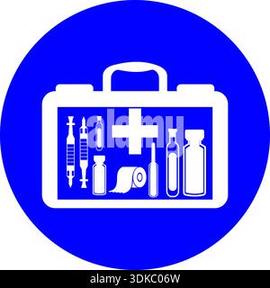First Aid Kit Silhouette on Blue Circular Background Featuring Medical Supplies Including Syringes Vials Adhesive Tape and Plus Symbol for Healthcare Stock Vector