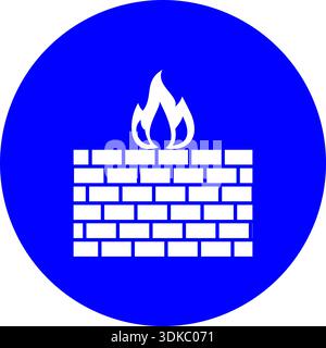 Firewall Icon on Blue Circular Background Featuring a Brick Wall and Flame Silhouette for Network Security Cyber Protection and Data Safety Concept Stock Vector