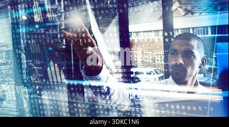 Businessman, programmer or hologram with HUD or UI interaction for software development in office. Man, developer or tech dashboard with cyber overlay Stock Photo