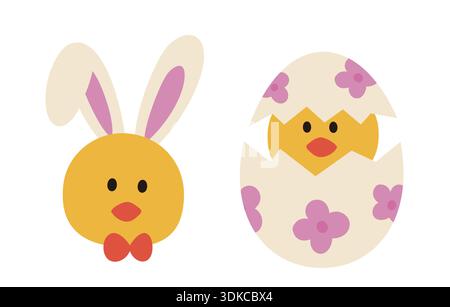 Set of Easter Chick Sitting in Eggshells Flat Vector Illustration. Easter chicks with bunny ears on their heads. White background. Stock Vector
