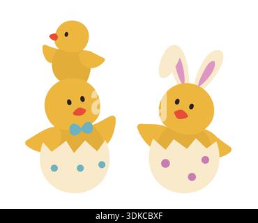 Set of Easter Chick Sitting in Eggshells Flat Vector Illustration. Easter chicks with bunny ears on their heads. White background. Stock Vector