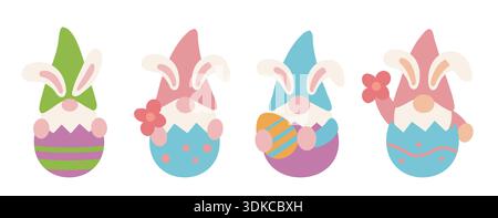 Easter Gnome Sitting Inside Eggshell Flat Vector Illustration Set. Cute Easter Gnome in Eggshell, Spring Holiday Flat Vector. Easter Gnome Characters. Stock Vector