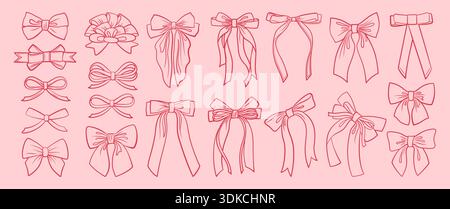 Bow and ribbon illustration set whimsical hand drawn coquette doodle set. Cute girly accessories vintage rococo mood, featuring gift bows, hair ribbons decorative knots. High quality vector drawing Stock Vector
