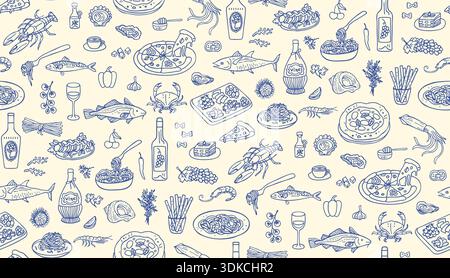 Mediterranean doodle food Seamless pattern Italian and Spanish cuisine. Summer Hand drawn coastal mood with wine and seafood elegant coastal cooking texture. Southern ocean atmosphere background Stock Vector