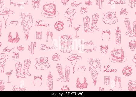 Hand drawn cowgirl and cowboy whimsical seamless pattern sketch coquette doodle style. Vintage whimsical western symbols with bows, boots hat. Cute retro playful Texas charm trendy girly illustration Stock Vector