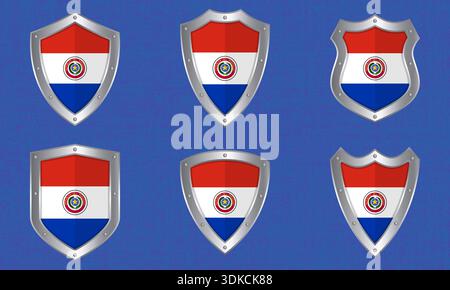 Vector set of metal shields with the Paraguayan flag and shadow Stock Vector