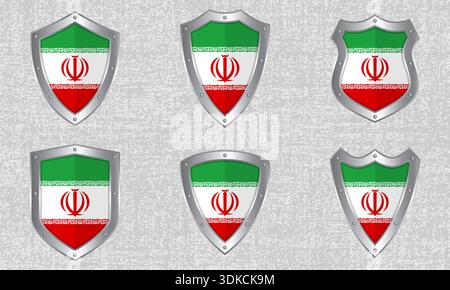 Vector set of metal shields with the Iranian flag and shadow Stock Vector