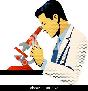 Retro Scientist Using Microscope Illustration Stock Vector