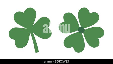 Simple green shamrock flat vector illustration set.  Four-Leaf Clover icon.  Three-Leaf Clover icon.  Saint Patrick's Day element. Stock Vector