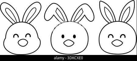 Chicks decorated with rabbit ears outline. Cute chick head coloring page template set. Baby chick face easter coloring book illustration. Stock Vector