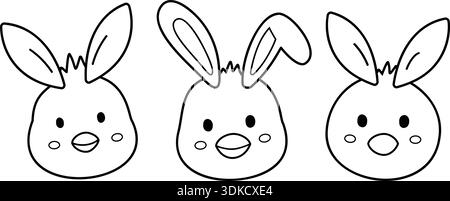 Chicks decorated with rabbit ears outline. Cute chick head coloring page template set. Baby chick face easter coloring book illustration. Stock Vector