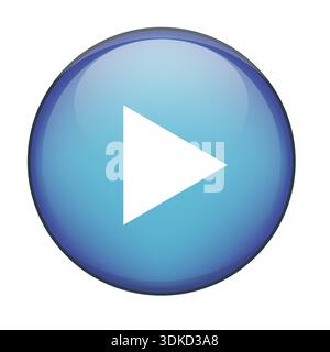 Play triangle symbol. Start media icon. Video player Vector button. Blue glossy round. Stock Vector