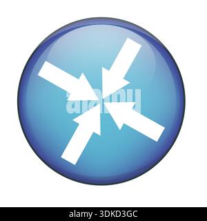 Five converging arrows icon. Center focus Vector symbol. Blue glossy button graphic. Meeting point collaboration sign. Stock Vector