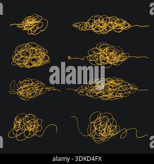Scribble chaotic lines set. Scrawl messy chaos ball. Yellow clew lines thread. Tangled insane knot lines, hand draw complicated difficult way concept Stock Vector