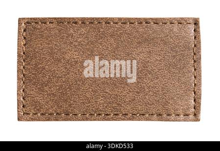 Empty rectangular brown leather patch with visible stitching, isolated with a transparent background Stock Photo