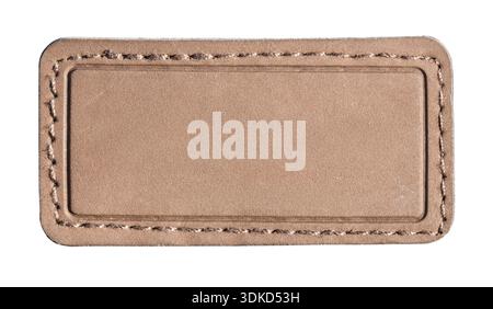 Rectangular brown leather patch with stitched border creating an empty label space, isolated on a transparent background Stock Photo