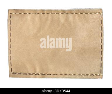 Rectangular blank brown leather tag displaying stitching details, ready for branding, with transparent background Stock Photo