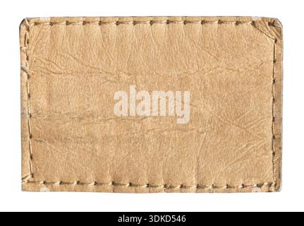 Rectangular brown leather label with visible texture and stitched border, isolated on transparent Stock Photo