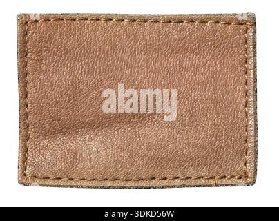 Rectangular brown leather patch with visible stitching texture, featuring a transparent background Stock Photo