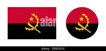Angola flag rectangular, round badges set. Flag of Angola rectangle, circle symbol, background. Flag button, banner, icon collection. National sign of Stock Vector