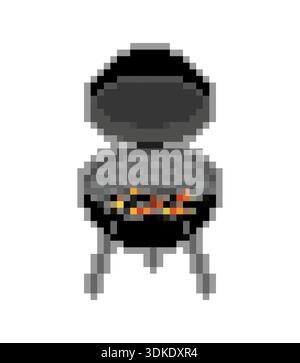 charcoal grill in 8-bit pixel art style. Retro gaming aesthetic illustration of a barbecue with burning coals and smoke. Isolated vector graphics. Stock Vector