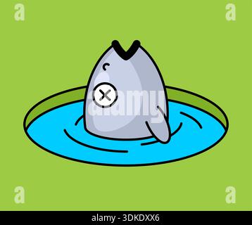 Dead fish floating in a frozen ice hole. Concept of environmental pollution, ecological disaster, or unsuccessful winter fishing. Vector pixel art sty Stock Vector