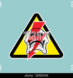 Danger warning sign featuring a white human skull and a red lightning bolt symbol inside a yellow triangle frame. Concept of high voltage, electrical Stock Vector