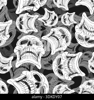 pattern featuring distorted, grunge-style human skulls on a dark background. Edgy gothic ornament with a marble-like texture for alternative fashion, Stock Vector