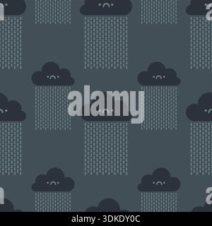 pattern featuring dark minimalist clouds with falling rain on a dark grey background. Simple decorative weather ornament for textile prints, autumn-th Stock Vector