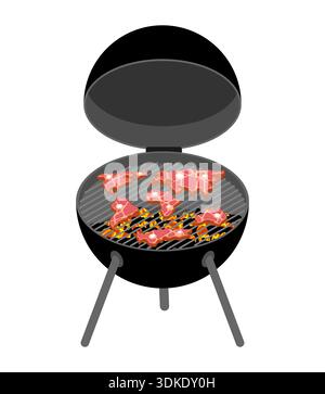 Outdoor barbecue grill with raw beef steaks shaped like world continents. Creative food concept for global cuisine, international bbq party and meat t Stock Vector