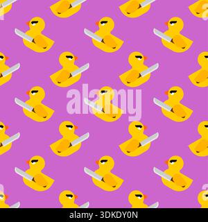 pattern of aggressive yellow rubber ducks holding knives on a bright pink background. Satirical "killer duck" meme ornament for bold textile designs, Stock Vector