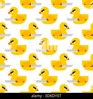 pattern of yellow rubber ducks holding knives on a white background. Humorous and aggressive Stock Vector