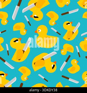 aggressive yellow rubber ducks holding knives on a bright green background. Satirical "killer duck" meme ornament for bold textile designs and creativ Stock Vector