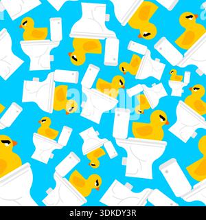 pattern with randomly placed yellow rubber ducks and white toilets on a blue background. Chaotic and humorous bathroom ornament for modern textile pri Stock Vector