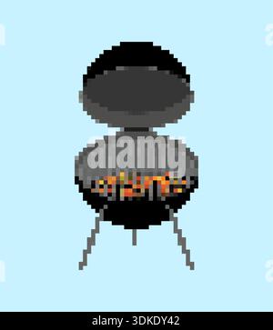 grill in 8-bit pixel art style. Retro gaming aesthetic illustration of a barbecue with burning coals. Isolated vector graphics for picnic or summer pa Stock Vector