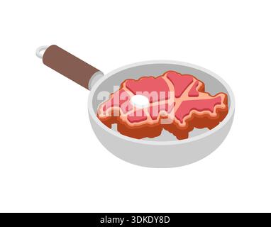 beef steak shaped like the geographical map of Switzerland being cooked in a frying pan. Creative food concept for Swiss cuisine, premium meat product Stock Vector