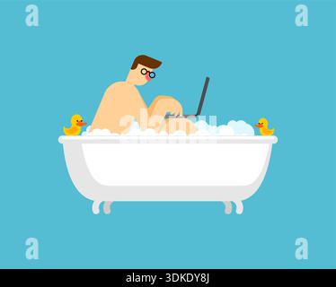 man with glasses working on a laptop while relaxing in a bathtub filled with bubbles. Concept of freelance work, remote office, and digital nomad life Stock Vector