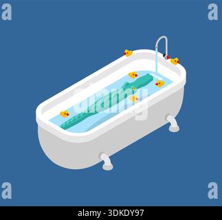 crocodile relaxing in a white bathtub filled with water. Quirky concept for bathroom decor, unexpected guests, or animal hygiene. Clean flat vector ar Stock Vector