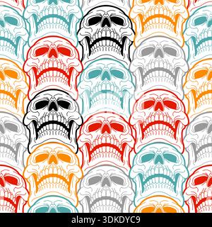 colorful human skulls on a white background. Trendy gothic ornament for textile prints, Halloween decor, or subculture fashion. Artistic vector illust Stock Vector