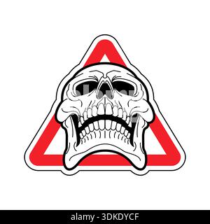 Warning sign featuring a realistic white human skull inside a red triangle frame. Concept of danger, toxic substances, lethal risk, or high-voltage ar Stock Vector