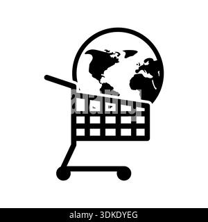 shopping cart with a globe inside. Concept of international trade, global e-commerce, worldwide delivery, and planet-wide consumerism. Clean flat vect Stock Vector