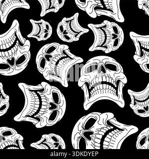 pattern featuring hand-drawn human skulls in black and white. Grunge gothic ornament for textile prints, dark art wallpapers, or Halloween-themed back Stock Vector