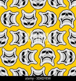 pattern featuring hand-drawn white skulls and theatrical masks on a bright yellow background. Artistic gothic ornament with a grunge texture for texti Stock Vector