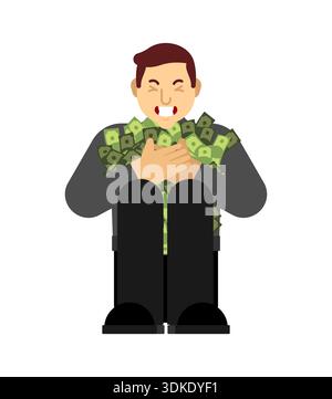 greedy man sitting on the floor and clutching a pile of cash to his chest with a selfish expression. Concept of financial obsession, avarice, and hidd Stock Vector