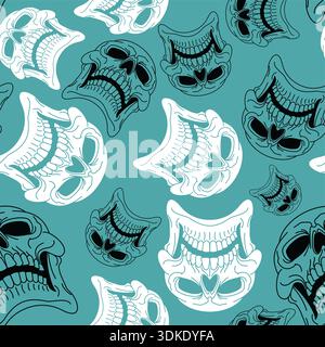 pattern featuring distorted white skulls and theatrical masks on a teal background. Edgy gothic ornament with a grunge texture for alternative fashion Stock Vector