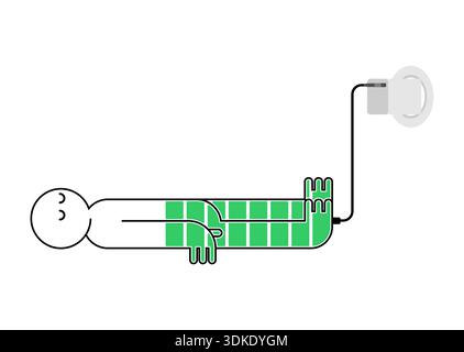 human figure resting while "recharging" like a battery through a power cable. Visual metaphor for deep sleep, energy restoration, and overcoming burno Stock Vector