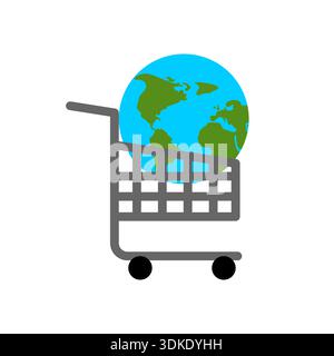 shopping cart carrying a green and blue Earth globe. Concept for global trade, international e-commerce, worldwide shipping, and sustainable consumeri Stock Vector